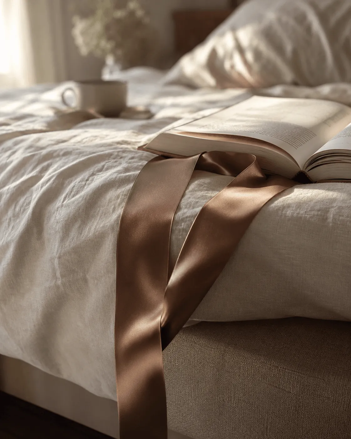 Ein elegant über eine Bettkante drapiertes Seidenband und ein aufgeschlagenes Buch auf einer Bettdecke, weiches Morgenlicht