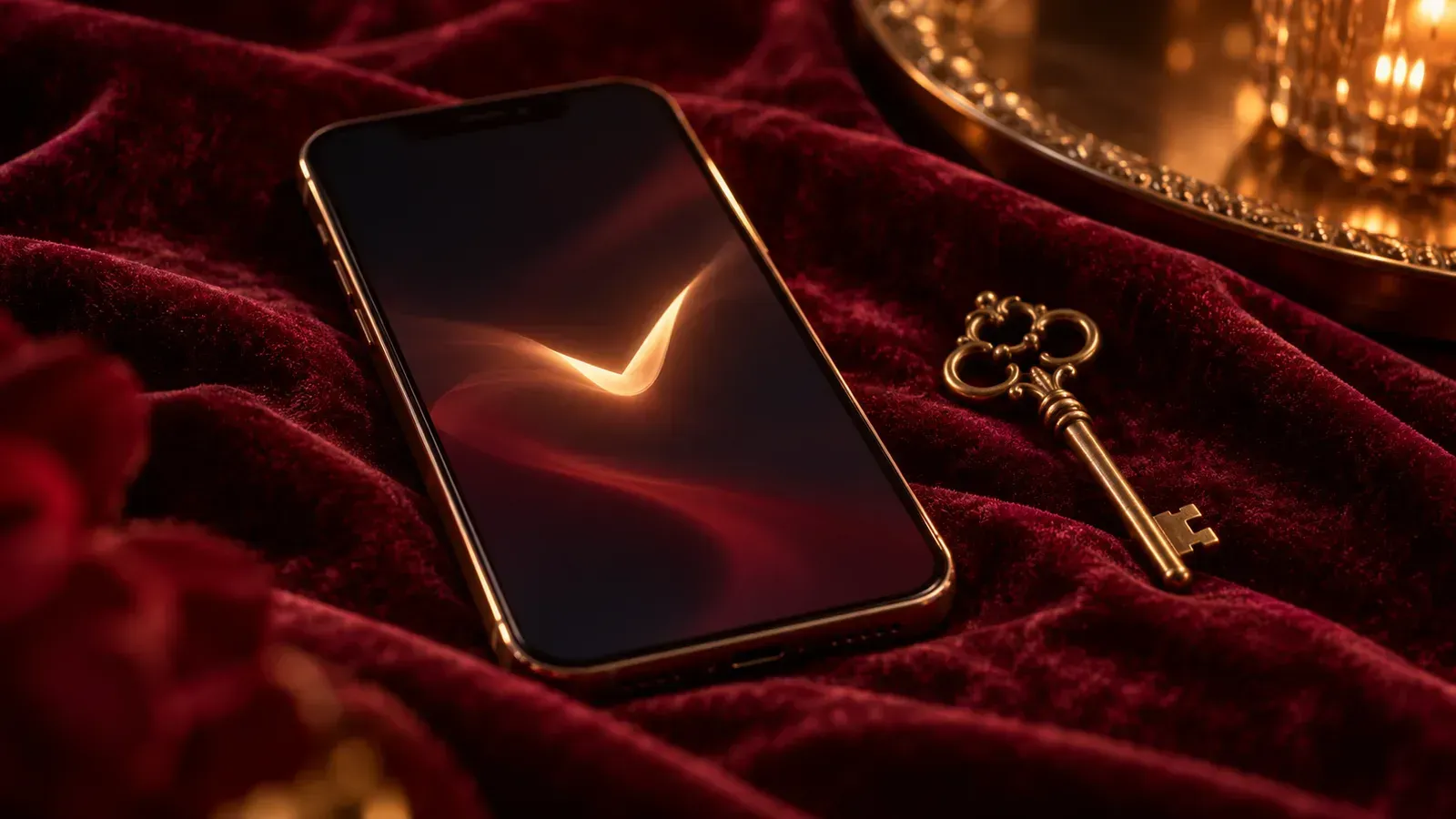 Smartphone mit abstraktem Häkchen-Symbol auf dunklem Samt, daneben ein Schlüssel im warmen Gegenlicht