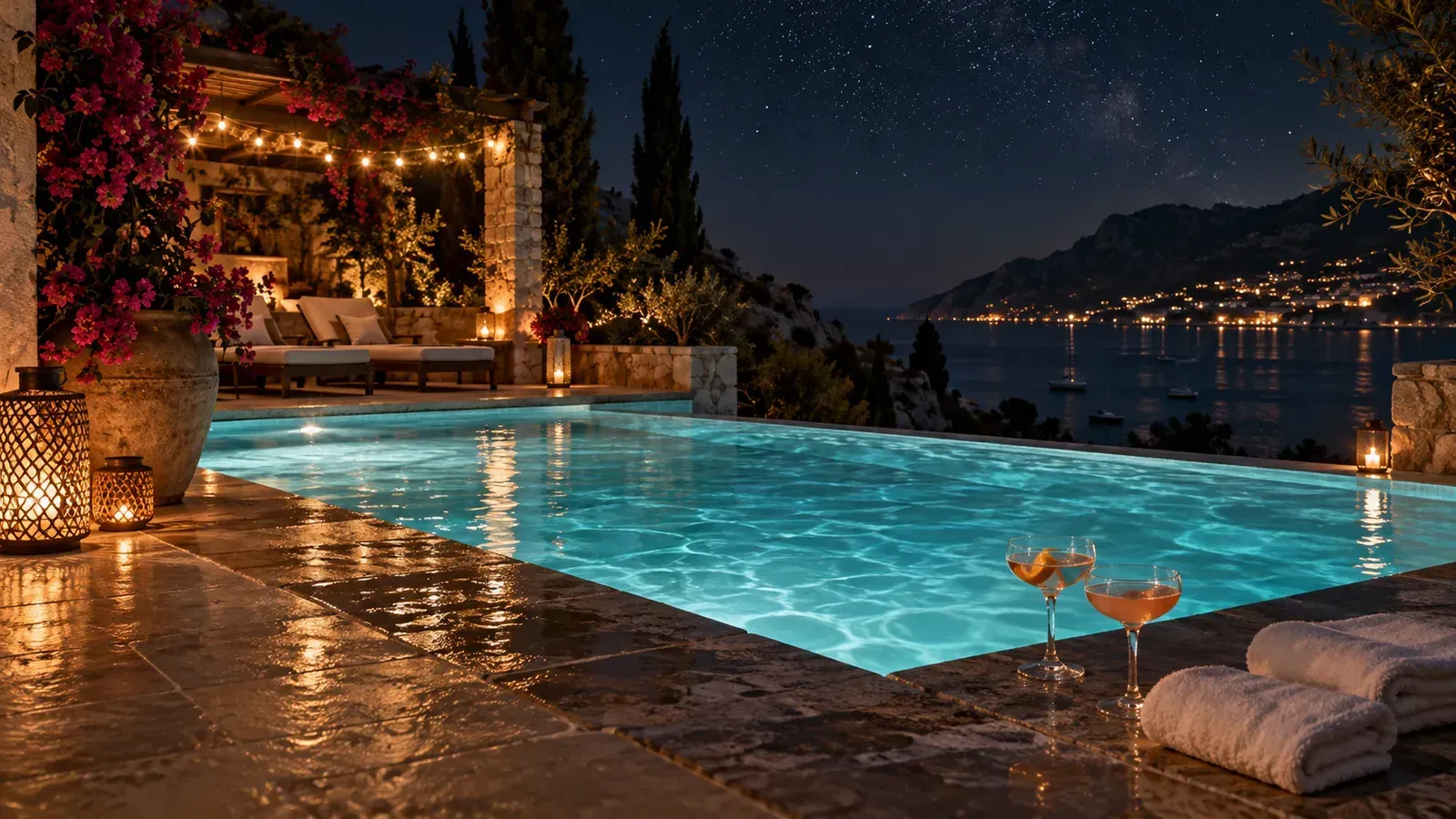 Nächtlicher, türkis beleuchteter Hotelpool mit zwei Handtüchern am Beckenrand und Sternenhimmel