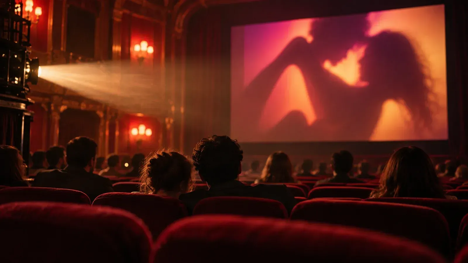 Vollbesetzter, schummriger Kinosaal mit roten Samtsesseln, auf der Leinwand ein abstraktes Spiel aus Licht und Silhouetten