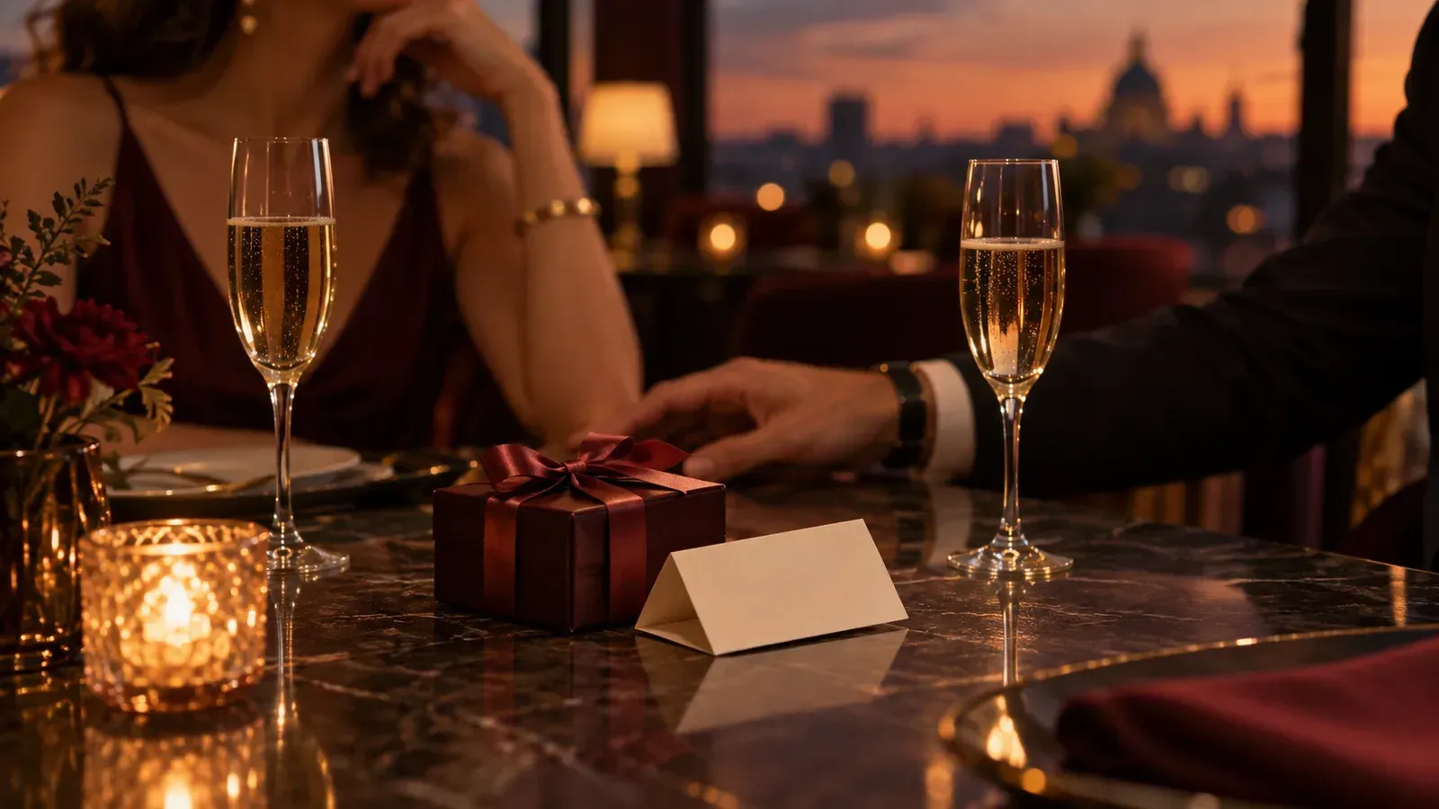 Zwei Sektgläser und eine edle Geschenkbox auf einem Restauranttisch im warmen Abendlicht, im Hintergrund unscharf zwei Personen