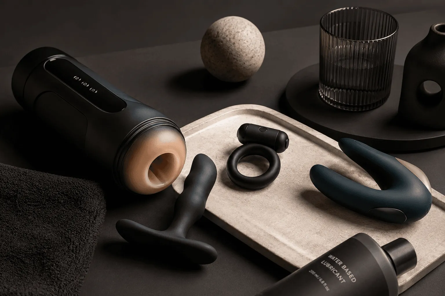Modern und diskret präsentierte Sextoys für Männer auf neutralem Hintergrund