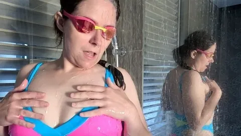 Shower with blowjob in new blue Monokini